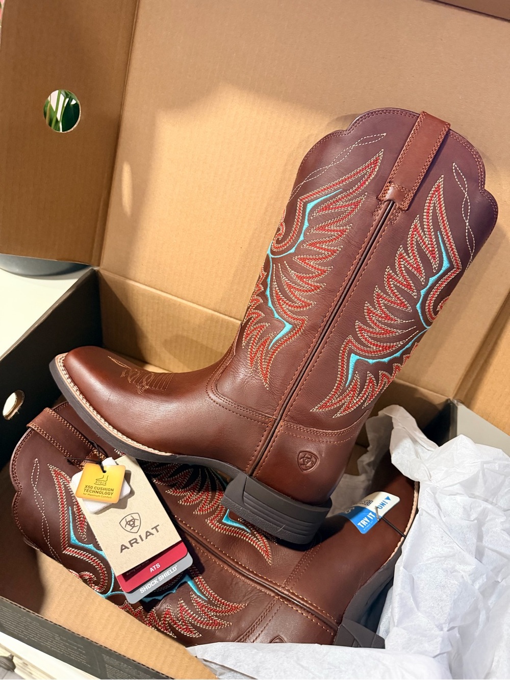 Ariat Brown Western Embroidered Leather Boots with Turquoise Stitching